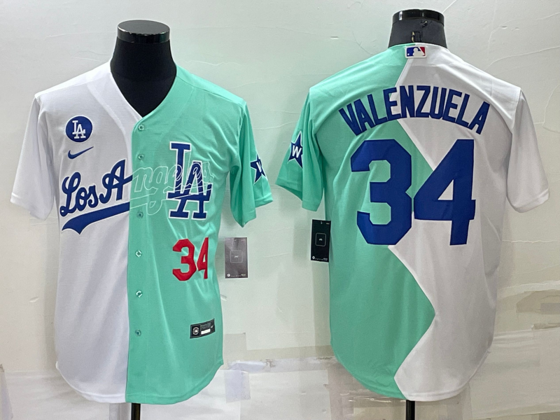 Men's Los Angeles Dodgers #34 Fernando Valenzuela 2022 All-Star White/Green Cool Base Stitched Baseball Jersey